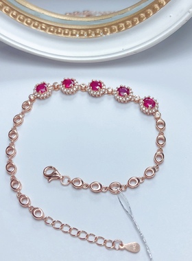 丛利 s925银天然红宝石4x5经典玫瑰金色手链可调节时尚大气款