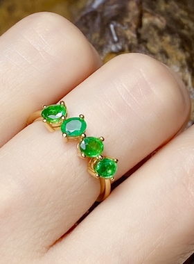 丛利3x4天然祖母绿排戒女款925银镶嵌绿色戒黄金色女戒清新时尚款