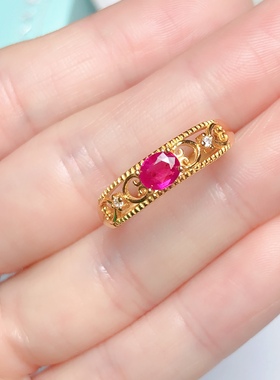 丛利4x5红宝石戒指s925银黄金色时尚经典洋气纯银镶嵌