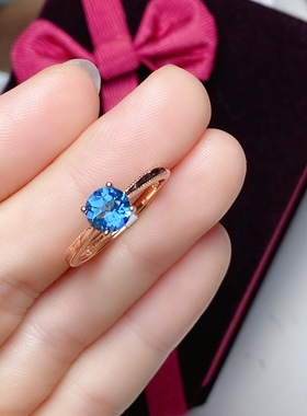 丛利 6×6蓝托帕戒指女S925银玫瑰金色时尚经典白金色伦敦蓝宝石
