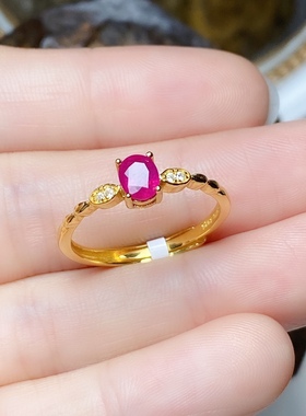 丛利 天然红宝石戒指女S925银黄金色时尚经典白金色红宝纯银镶嵌