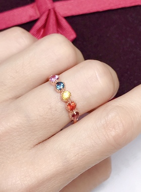 圆3×3天然彩蓝宝戒指女S925银玫瑰色时尚经典白金色纯银镶嵌