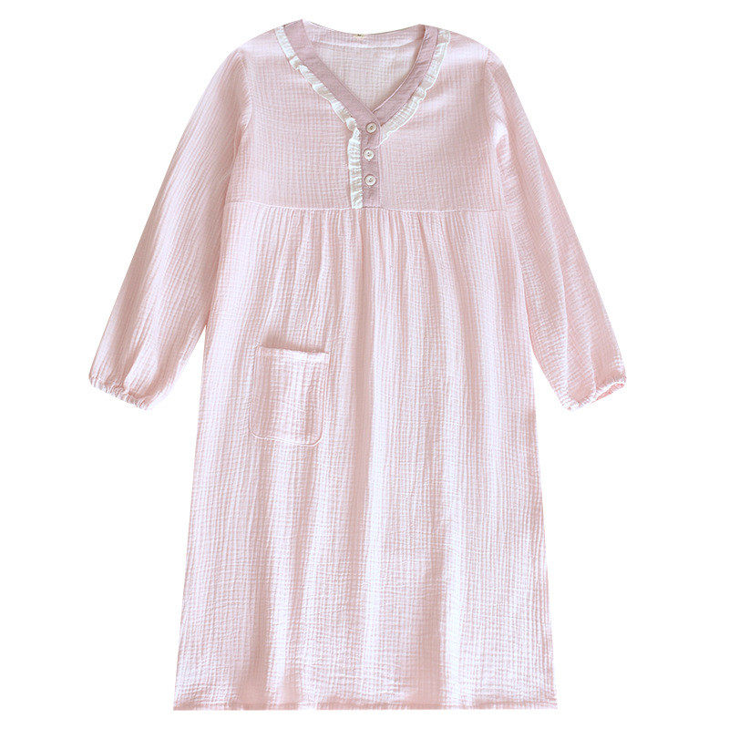 春季新品长袖睡裙棉纱绉布纯棉睡衣女宽松家居服睡衣裙袍,淘宝优惠券,粉丝福利购,淘宝优惠卷