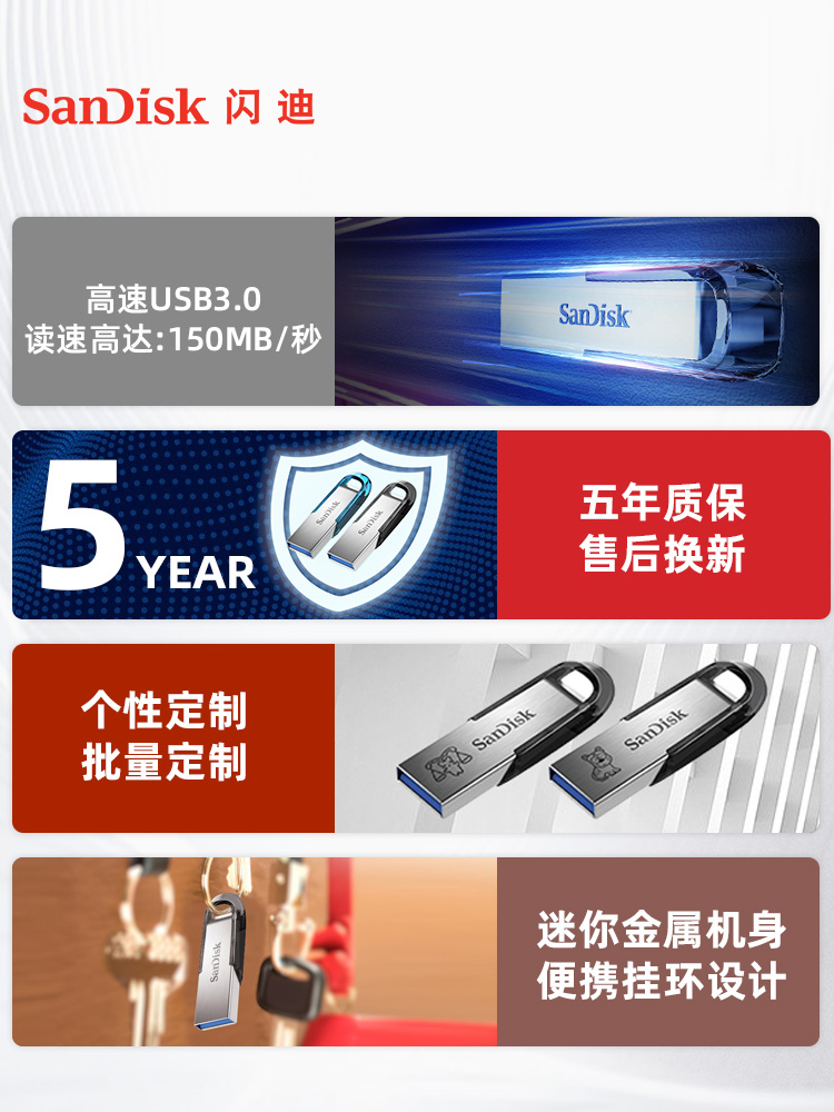 SanDisk闪迪U盘32G正版加密USB3.0金属系统高速定制优盘正品车载 - 图3