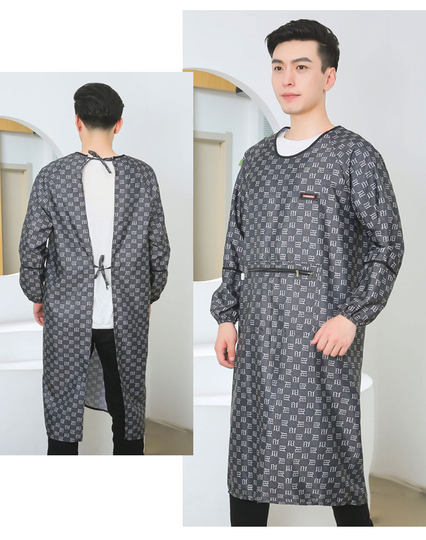 薄款时尚加长款微防水长袖围裙反穿罩衣男士理发工作服光滑不沾毛