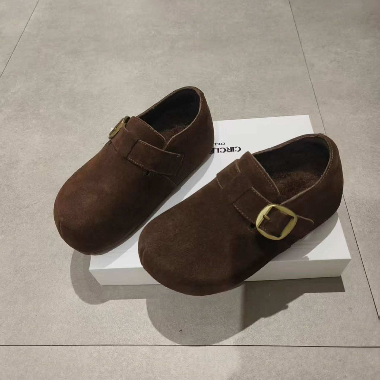 真皮厚底勃肯鞋女2025新款秋冬复古圆头内增高一脚蹬懒人鞋棉鞋女 - 图0