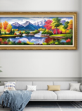 纯手绘新中式麋鹿山水油画