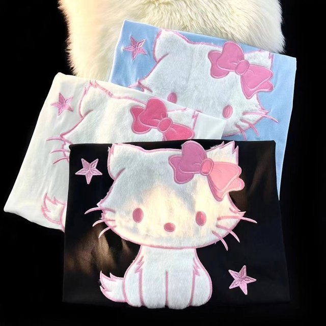 Pure cotton cartoon pink flocking summer cartoon short sleeves