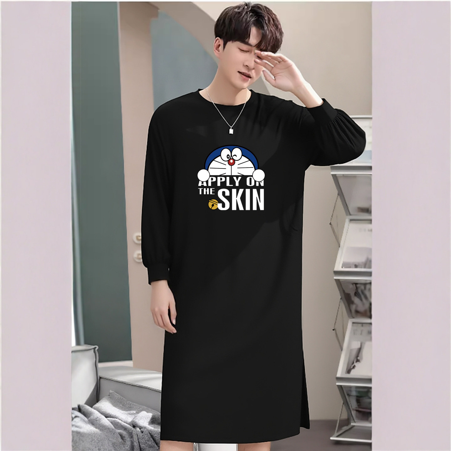 100%纯棉长袖睡袍男士卡通宽松大码连衣睡裙一体式开叉休闲家居服,淘宝优惠券,粉丝福利购,淘宝优惠卷