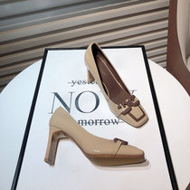A D Hepburn ~ 2023 Spring new metal buckle square head single shoe woman temperament lacquered leather high heel coarse heel