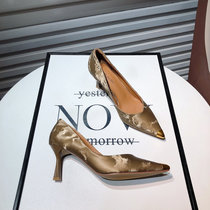 A D Hepburn ~ small crowddesign metal pointed print high heel shoes female net red sexy light mouth fine heel single shoes