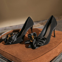 A D Hepburn ~ pointed high heel shoe woman 100 hitch a hime girl black silk satin fine and light mouth banquets single shoes