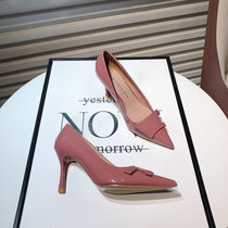 A D Hepburn ~ French Teenage Girl Lacquer Leather Square Buckle Shallow and Single Shoe OL Commuter Sexy Pointy Heels