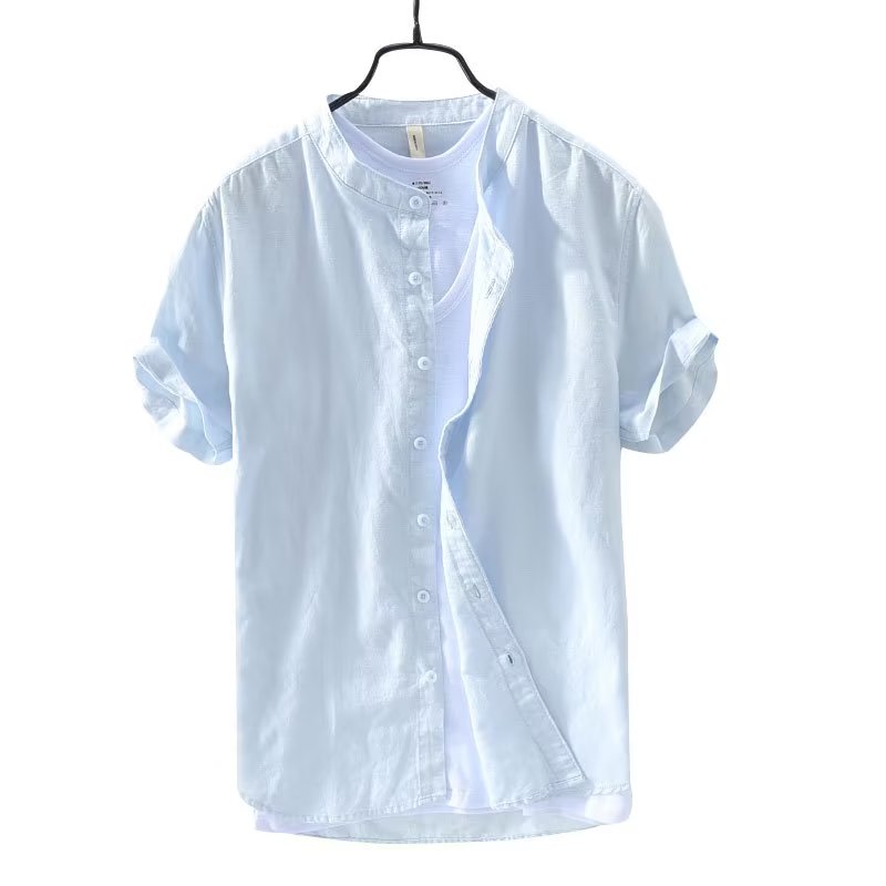 法式立领棉麻衬衫男高级感修身短袖纯色透气麻布衬衣工装亚麻寸衫