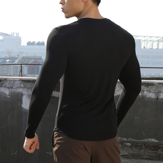 美式亨利领t恤肌肉男硬汉风修身长袖上衣V领健身训练撸铁运动体恤