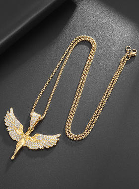 欧美满钻堕落天使吊坠女神展翅立体百搭羽毛说唱嘻哈潮男女毛衣链