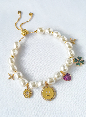 幸运符珍珠手链女四叶草爱心手镯微笑笑脸手环吊坠饰品潮