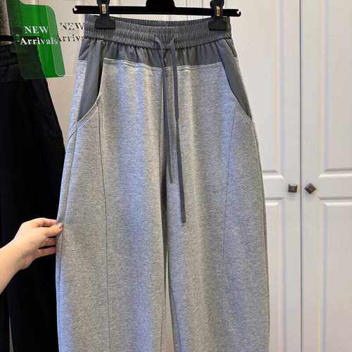 特大码2-300斤撞色弯刀阔腿裤女2024春夏新款休闲高腰镰刀香蕉裤 - 图3