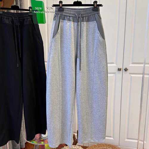 特大码2-300斤撞色弯刀阔腿裤女2024春夏新款休闲高腰镰刀香蕉裤 - 图1