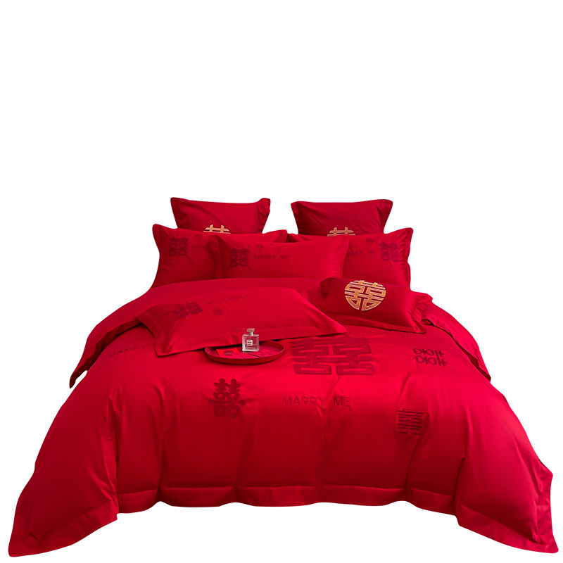 高档中式婚庆四件套红色刺绣结婚被套非纯棉喜被新婚陪嫁床上用品,淘宝优惠券,粉丝福利购,淘宝优惠卷