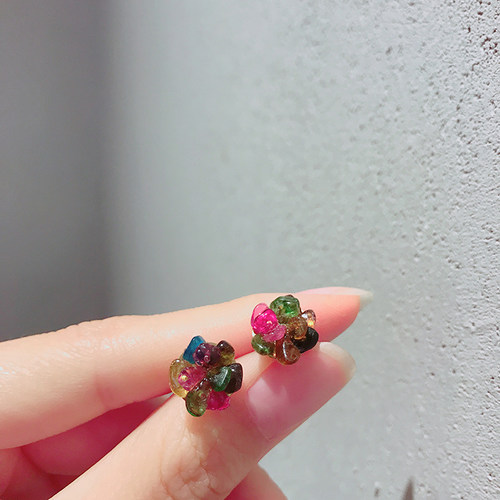 原创手工天然石头彩色碧玺耳钉女创意碎石花朵可爱气质小清新耳环 - 图1