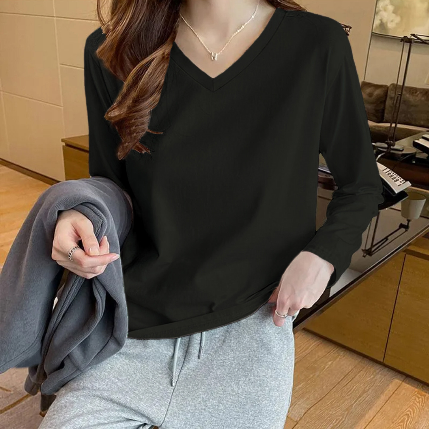 外贸出口品牌清仓纯棉时尚长袖V领t恤女春秋洋气减龄休闲显瘦上衣,淘宝优惠券,粉丝福利购,淘宝优惠卷