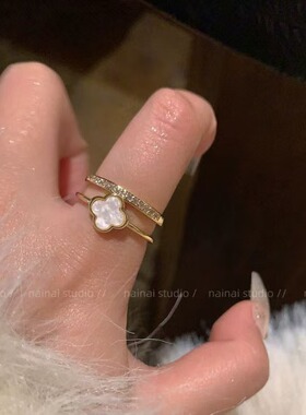 黑色双层四叶草开口戒指女轻奢超闪新款气质百搭戒指环饰品跨境