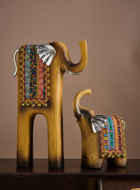 侘寂复古艺术大象摆件客厅轻奢高档电视柜台面玄关泰国仿木装饰品