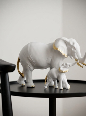 白色大象母子金边客厅玄关摆件