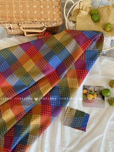 六六家复古彩色格子日韩拼接撞色棉布连衣裙裤子发饰手工diy布料 - 图1