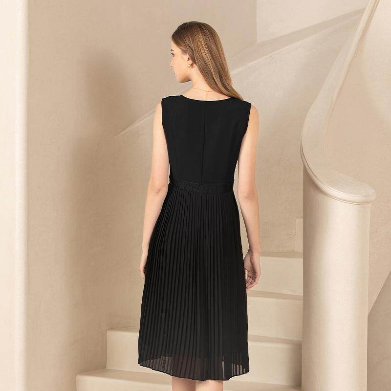 名师路黑色V领气质无袖百褶连衣裙女春季2025年新款薄雪纺裙中腰,淘宝优惠券,粉丝福利购,淘宝优惠卷