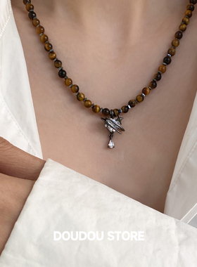 【新品88折】保色黑色咖色虎眼石潮酷土星项链女