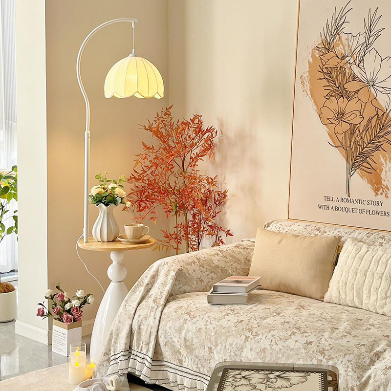 奶油风茶几落地灯法式田园客厅卧室沙发置物架床头柜边几台灯一体,淘宝优惠券,粉丝福利购,淘宝优惠卷
