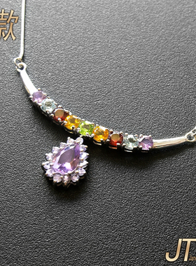天然托帕石榴石锁骨颈链橄榄石黄紫水晶银镶短项链轻奢气质OL女饰