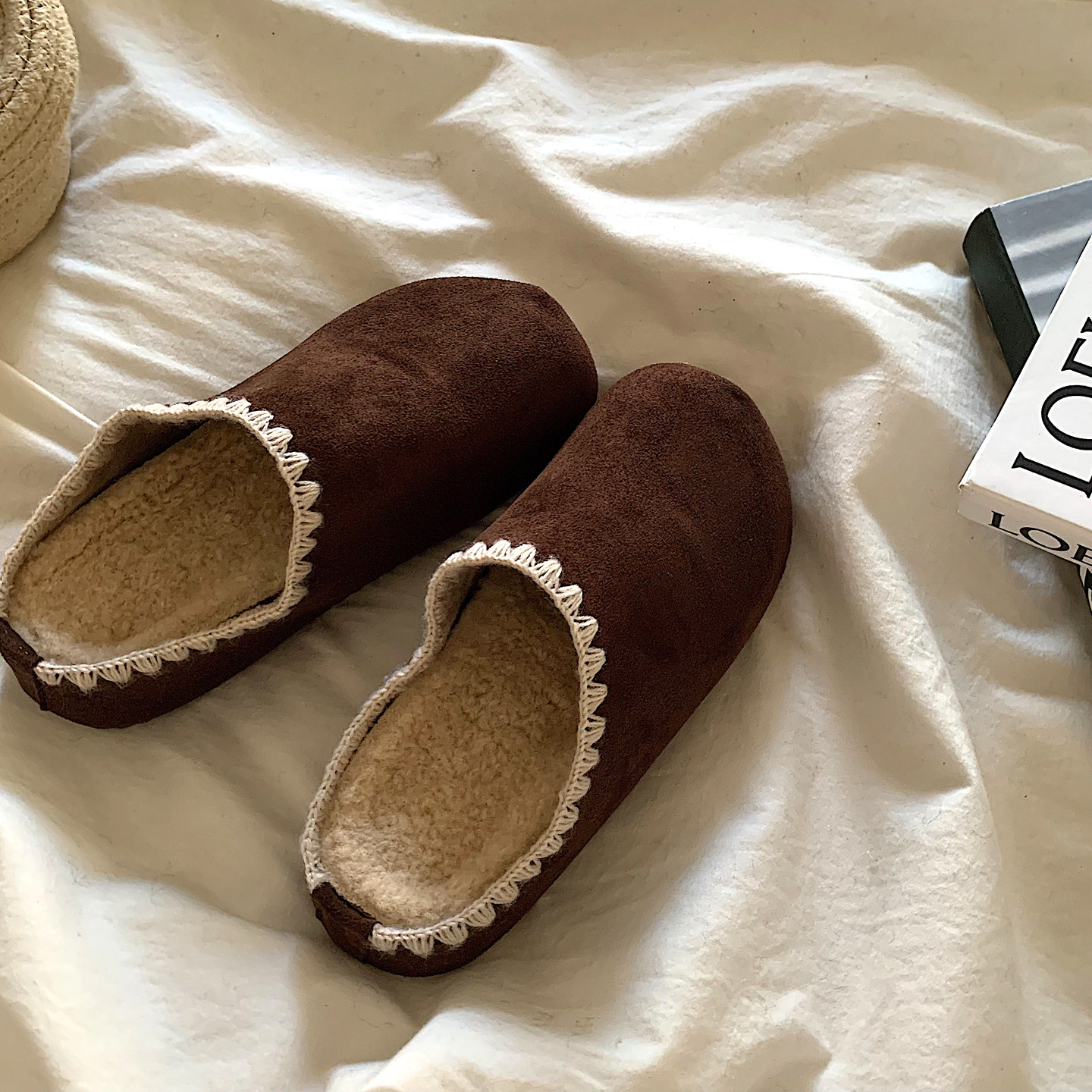 美拉德自留~5cm增高厚底加绒勃肯半拖鞋ins复古保暖一脚蹬棉拖鞋,淘宝优惠券,粉丝福利购,淘宝优惠卷