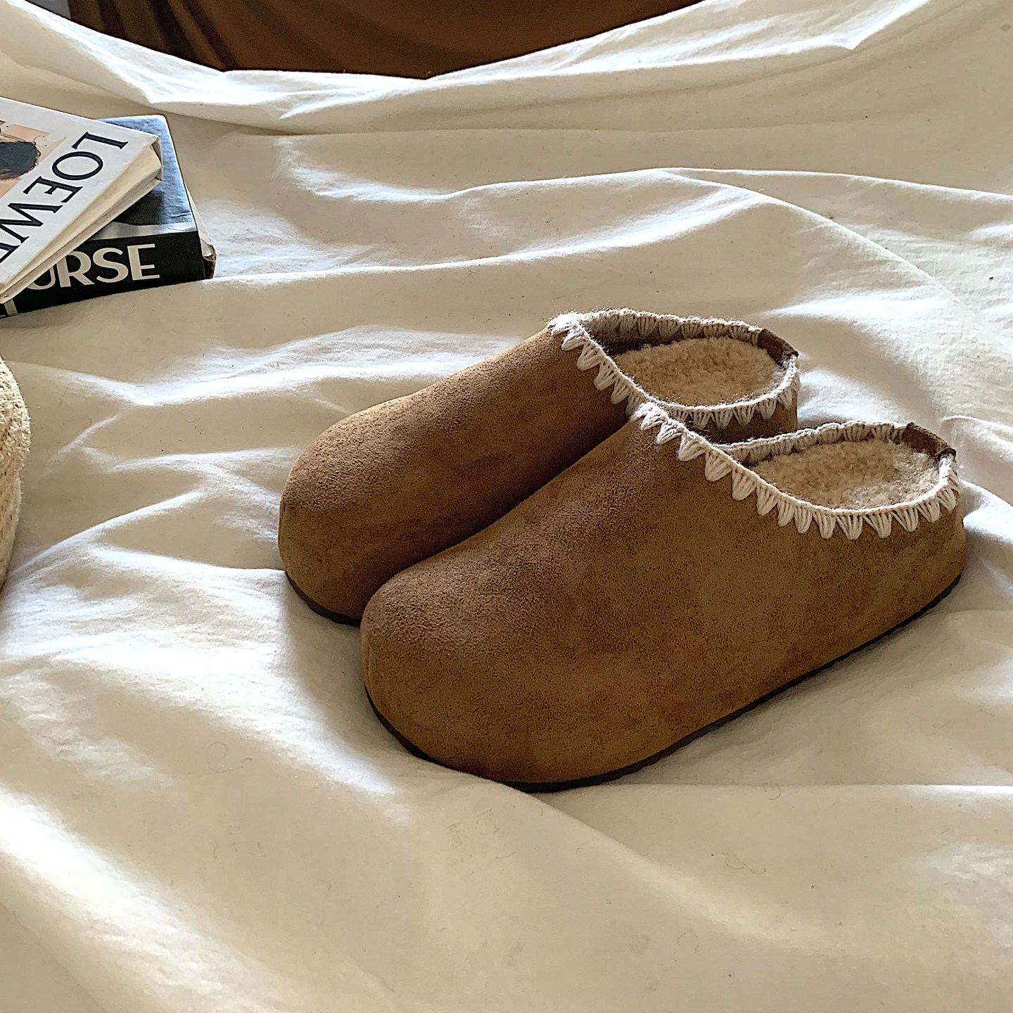 美拉德自留~5cm增高厚底加绒勃肯半拖鞋ins复古保暖一脚蹬棉拖鞋,淘宝优惠券,粉丝福利购,淘宝优惠卷