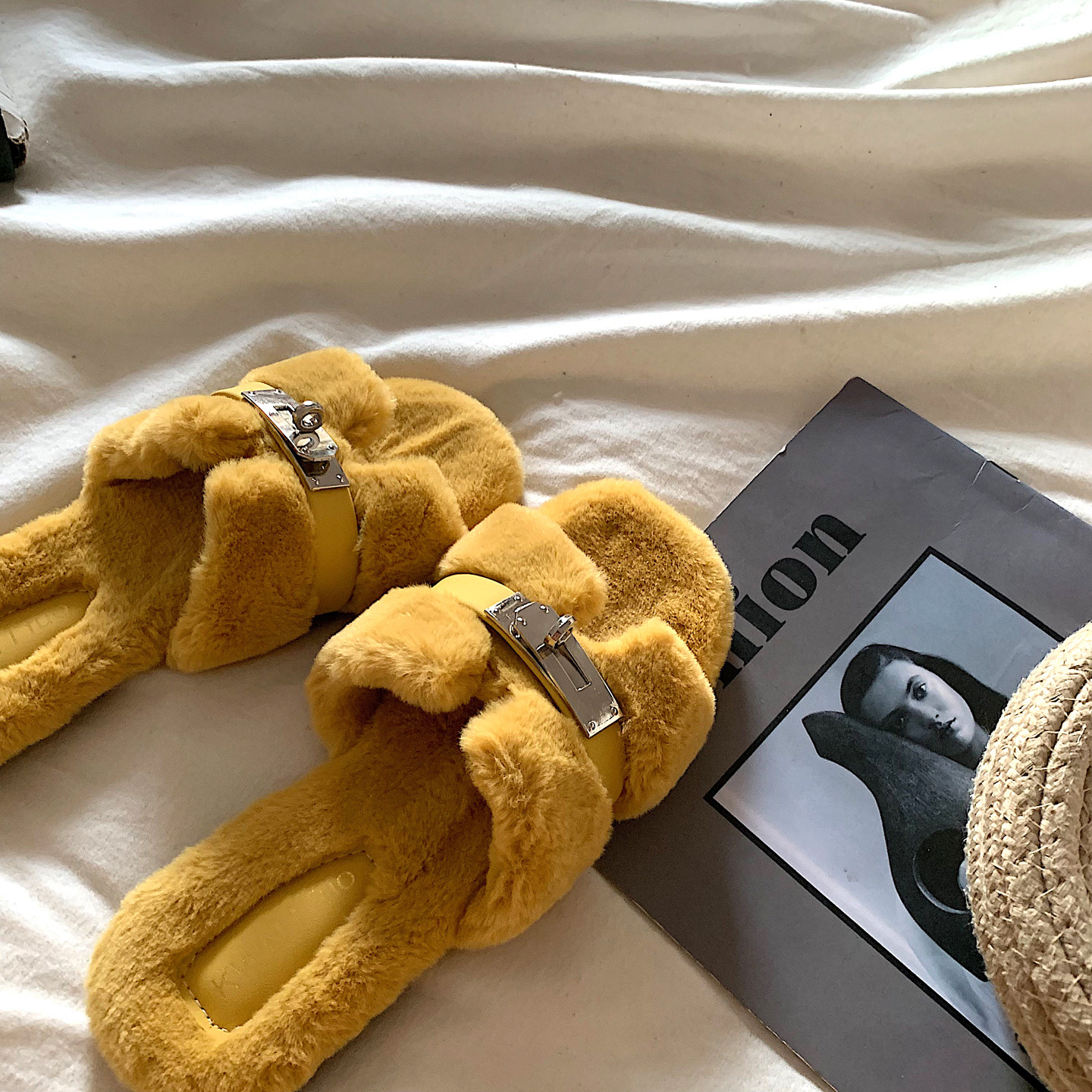 金屿鹿 老钱高级感~ins时髦温柔风毛毛拖鞋女冬季网红时尚棉拖鞋,淘宝优惠券,粉丝福利购,淘宝优惠卷