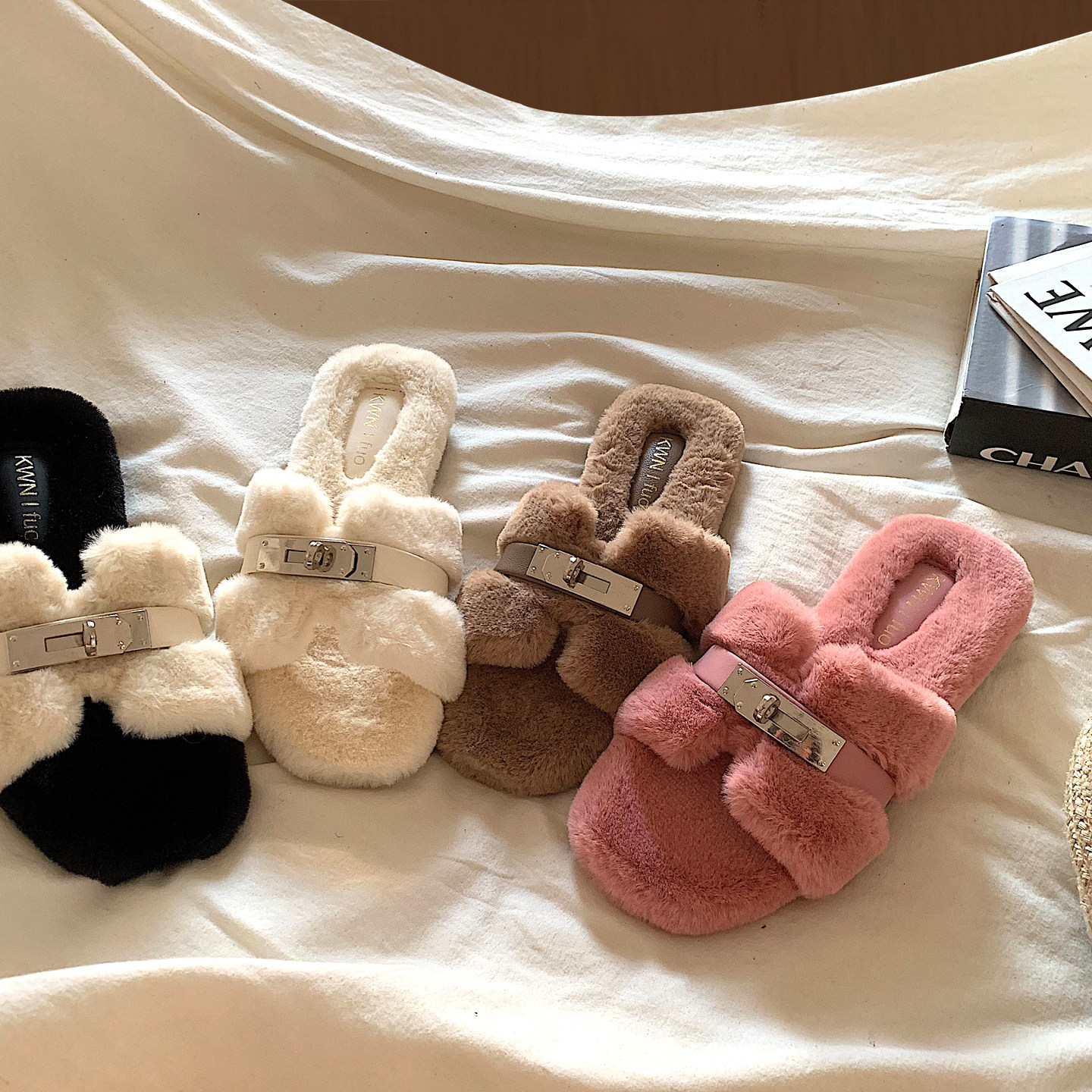 金屿鹿 老钱高级感~ins时髦温柔风毛毛拖鞋女冬季网红时尚棉拖鞋,淘宝优惠券,粉丝福利购,淘宝优惠卷