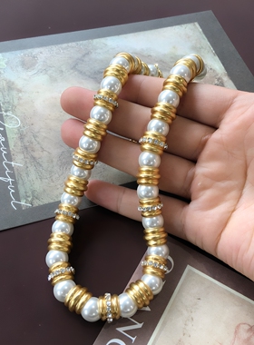 中古vintage白色琉璃高亮珍珠电镀18K金秋冬百搭项链颈链毛衣链