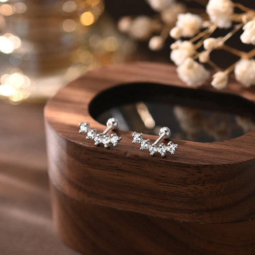 s999纯银耳钉女高级感轻奢弧形锆石微笑耳环螺丝拧扣养耳洞耳饰品 - 图0