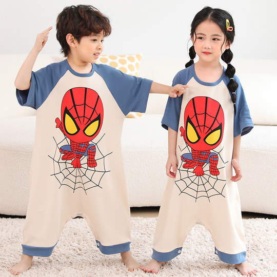 儿童夏季兄妹装女童宝宝连身睡袋连体衣服男孩纯棉奥特曼空调睡衣