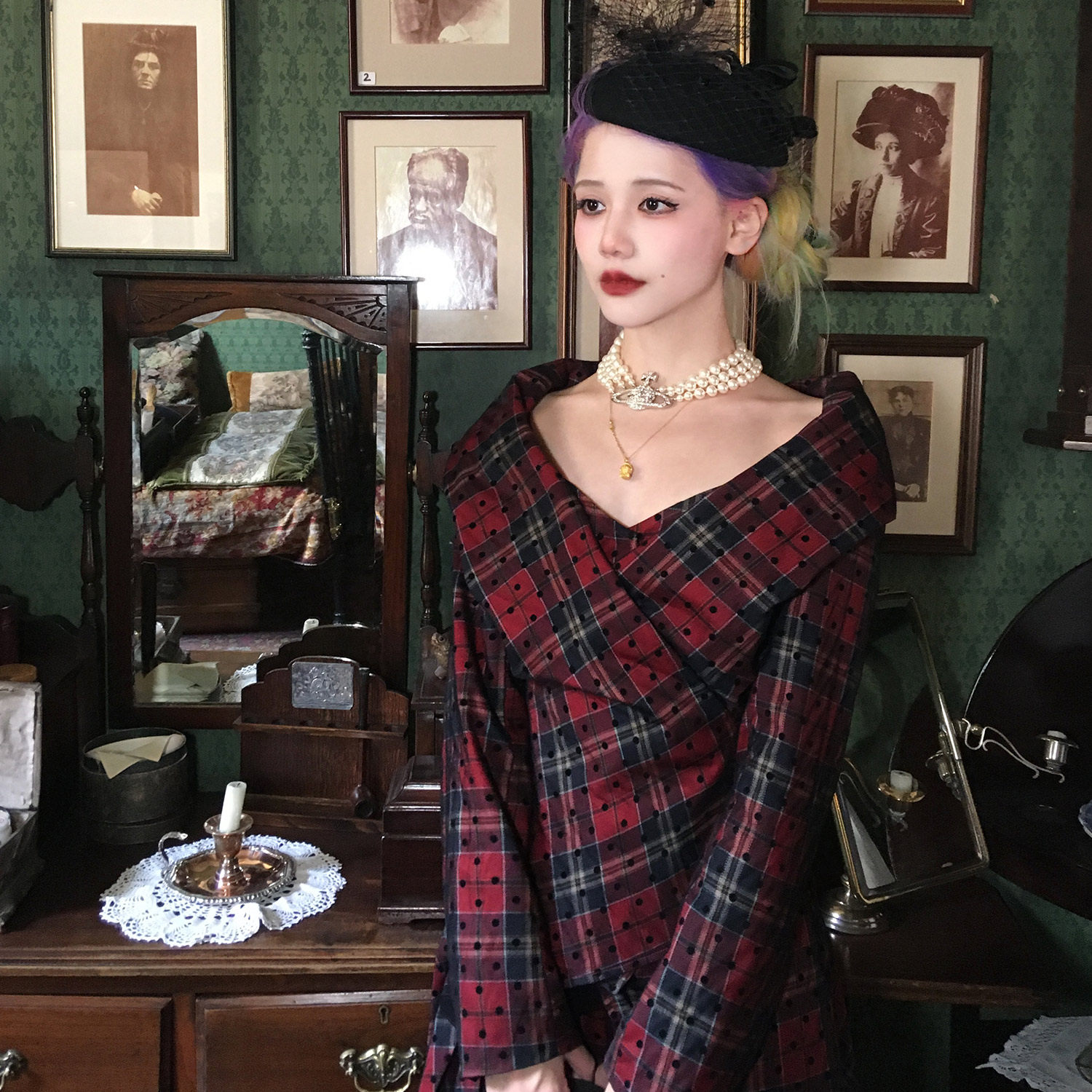 fortylions四十只狮 西太后 波点格纹网纱套装露肩西装上衣半身裙,淘宝优惠券,粉丝福利购,淘宝优惠卷