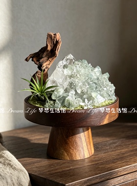 高级感实木造景盘天然水晶摆放盘水晶柱原石底座治愈情绪稳定摆件