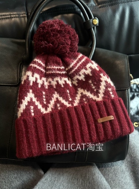 BanliCat显脸小含羊毛费尔岛保暖帽子男女秋冬护耳冷帽毛球针织帽