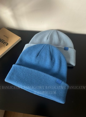100%羊毛显白蓝色冷帽经典翻边针织帽滑雪户外登山保暖情侣毛线帽