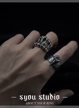 乌鸦骨头欧美朋克风花纹钛钢戒指