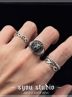Syou复古石狮印章钛钢戒指