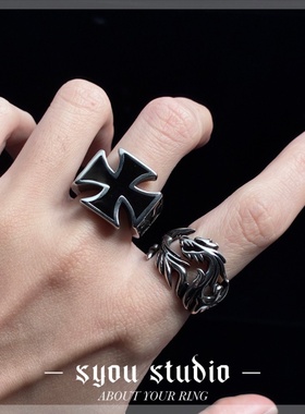 Syou滴胶闪电十字朋克钛钢戒指
