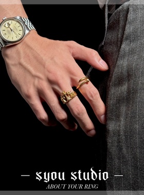 Syou复古山形金十字架钛钢戒指