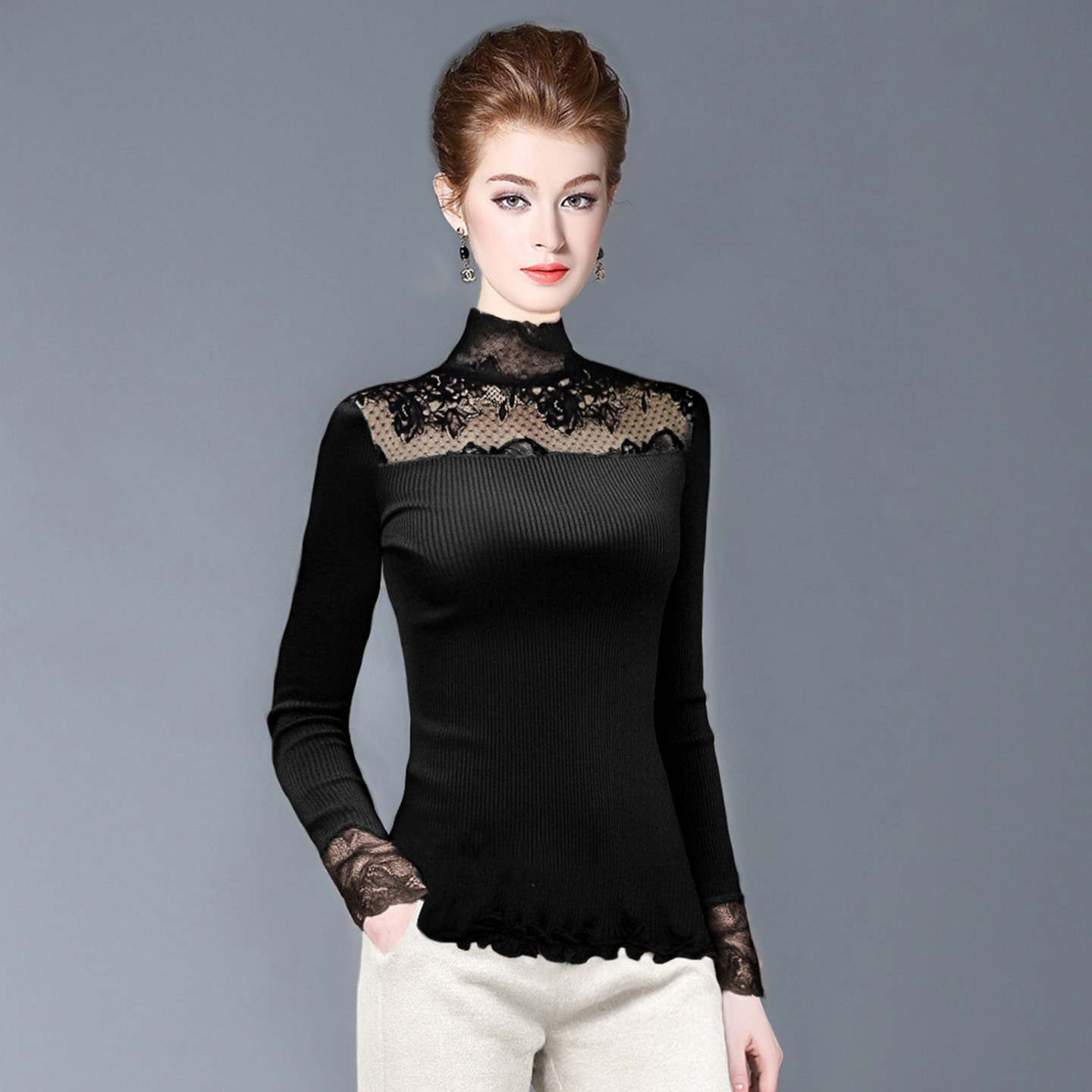 半高领桑蚕丝黑色上衣女春秋季2025新款内搭时尚洋气蕾丝打底衫秋,淘宝优惠券,粉丝福利购,淘宝优惠卷